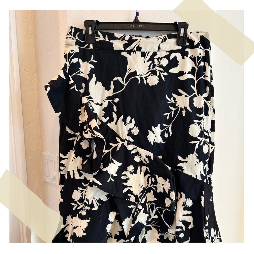 JOHANNA ORTIZ H&M BLACK & WHITE STUNNING ORCHID RUFFLED MIDI PENCIL SKIRT SZ 12